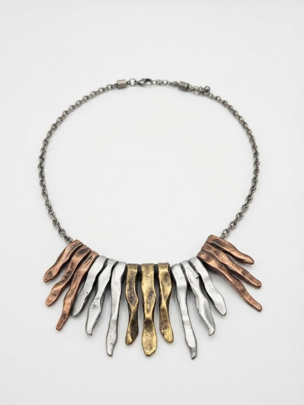 Vintage Modernist Tri-Color Paddle Fringe Statement Necklace | Mixed Metals
